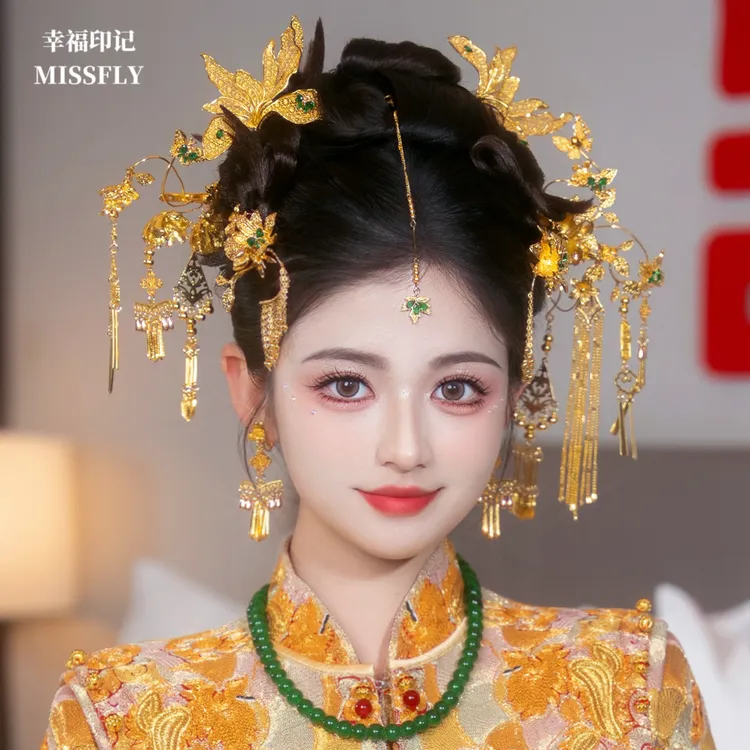 龙凤褂金色头饰绿珠子眉心坠新娘新中式秀禾旗袍晨袍汉服发饰减龄