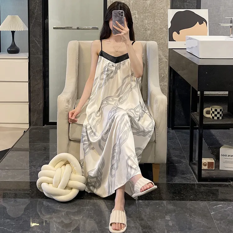 睡衣女新款夏季简约休闲性感吊带睡裙中长款宽松连衣裙凉感家居服