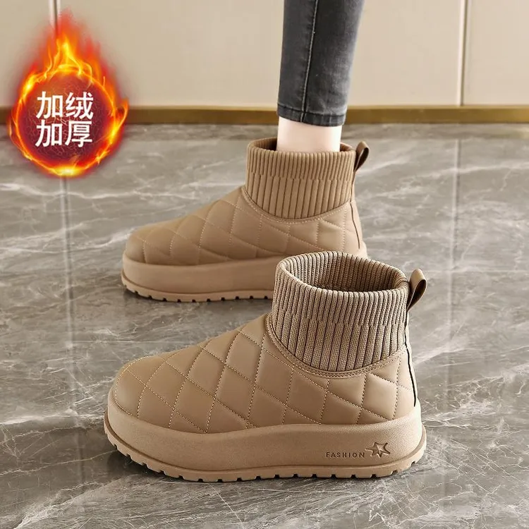 PinkAvril东北厚底雪地靴女冬季加绒弹力套筒大鞋皮面防水保暖