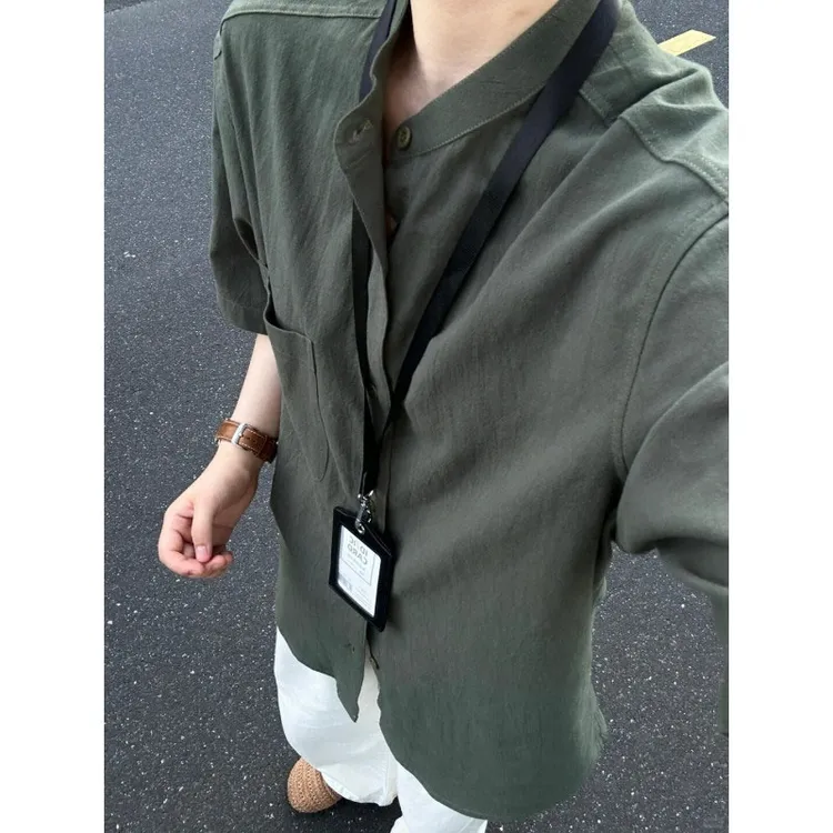 新中式竹节棉短袖衬衫男款夏季设计感亨利领军绿色衬衣轻熟风上衣