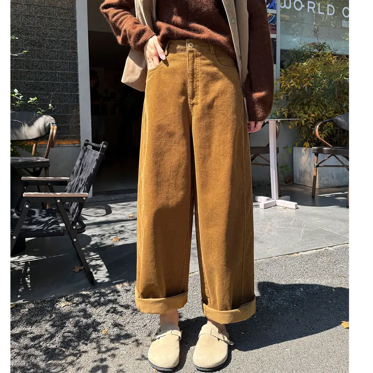 复古加绒条绒弯刀裤女秋冬小个子高腰窄版直筒阔腿烟管灯芯绒裤子