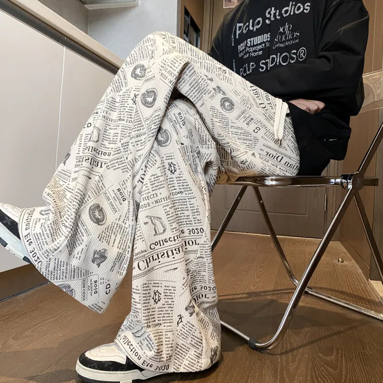 灯芯绒报纸满印重磅卫裤男秋季潮牌美式设计感宽松阔腿复古休闲裤