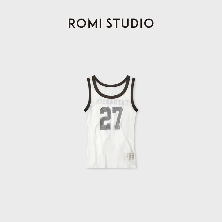 ROMI STUDIO美式复古100棉质细螺纹做旧感印花打底背心RWDRS64144