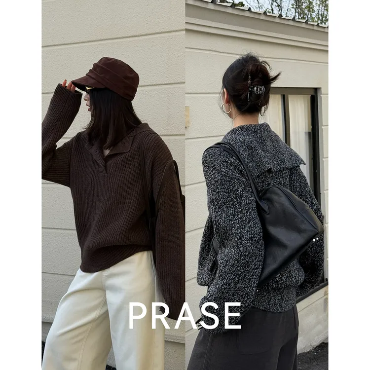 PRASE·噜【暖意渐浓】绵羊毛海军领宽松休闲长袖针织毛衣女PR507B76