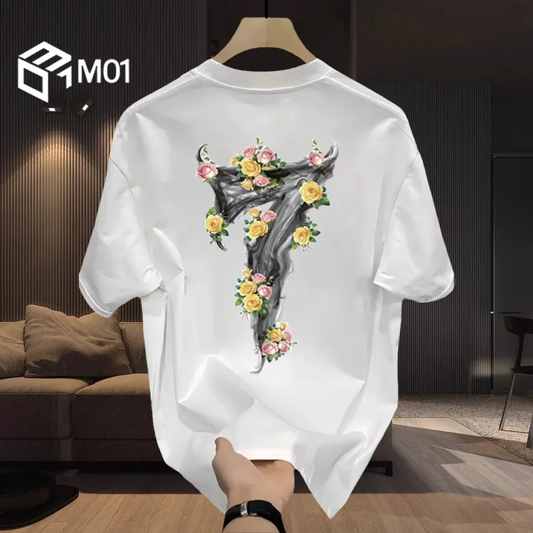 M01潮牌夏季新款白色圆领短袖T恤男纯棉印花情侣款重磅半袖上衣