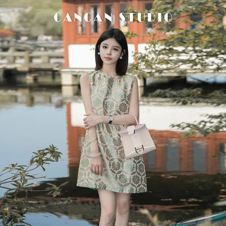 CANCAN STUDIO【宋锦~小彩莲】新中式原创小个子双面连衣裙G252110