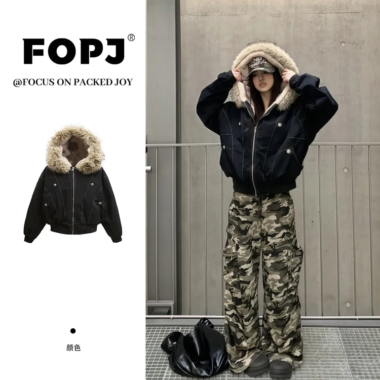 FOPJ秋冬季座山雕毛领工装夹克棉服女潮流百搭加绒保暖派克服外套