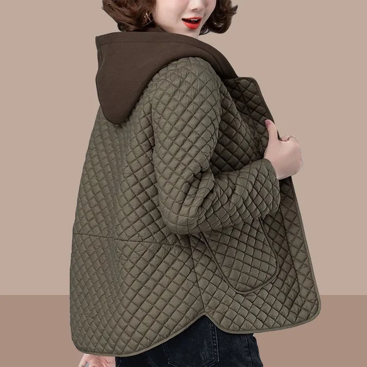 菱格棉服女2025秋冬新款时尚减龄中年妈妈装连帽宽松大码夹棉外套