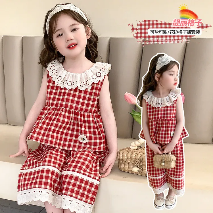 女童花边红格子格子背心套装2025夏季新款时尚小女孩洋气两件套潮