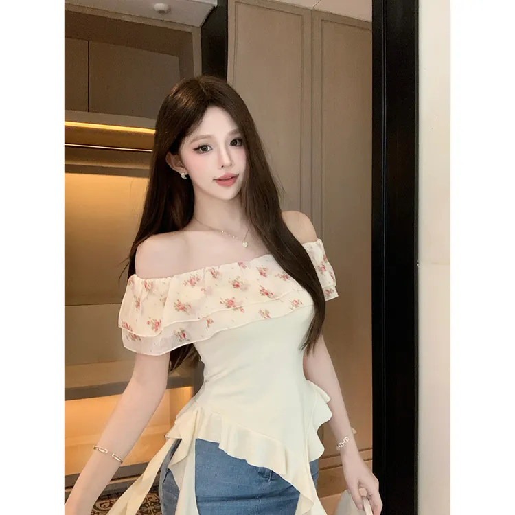 法式甜美荷叶边一字肩短袖t恤女夏季设计感小众洋气别致露肩上衣