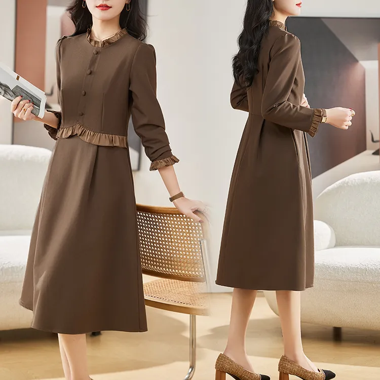 2025春装新款收腰显瘦木耳边拼接长袖连衣裙气质时尚中长款修身