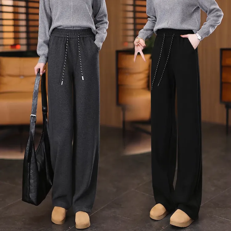 松紧高腰加绒休闲直筒裤女2025冬季新款毛呢极简风垂感宽松阔腿裤商品图