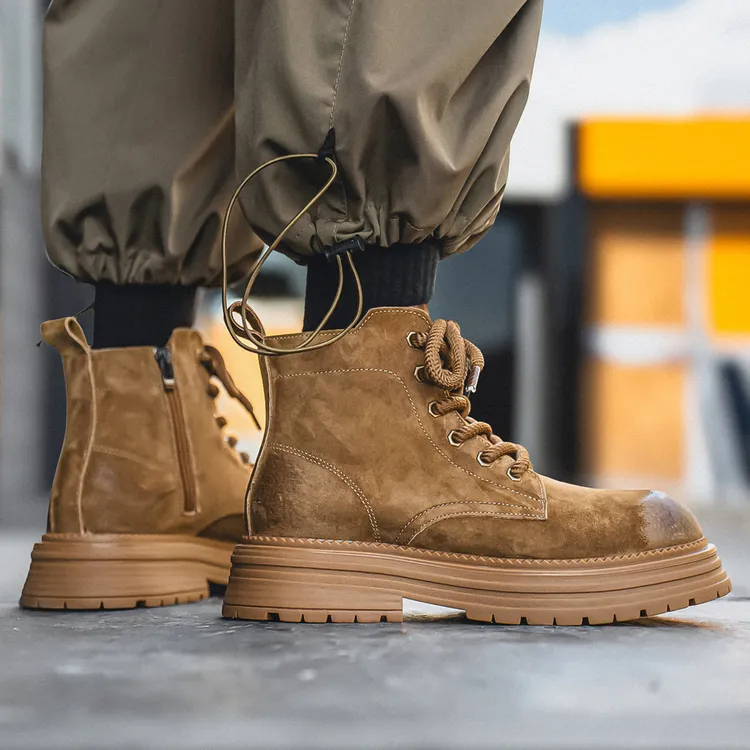 马丁靴男2025新款冬季真皮高帮鞋英伦风中帮加绒增高复古工装靴子
