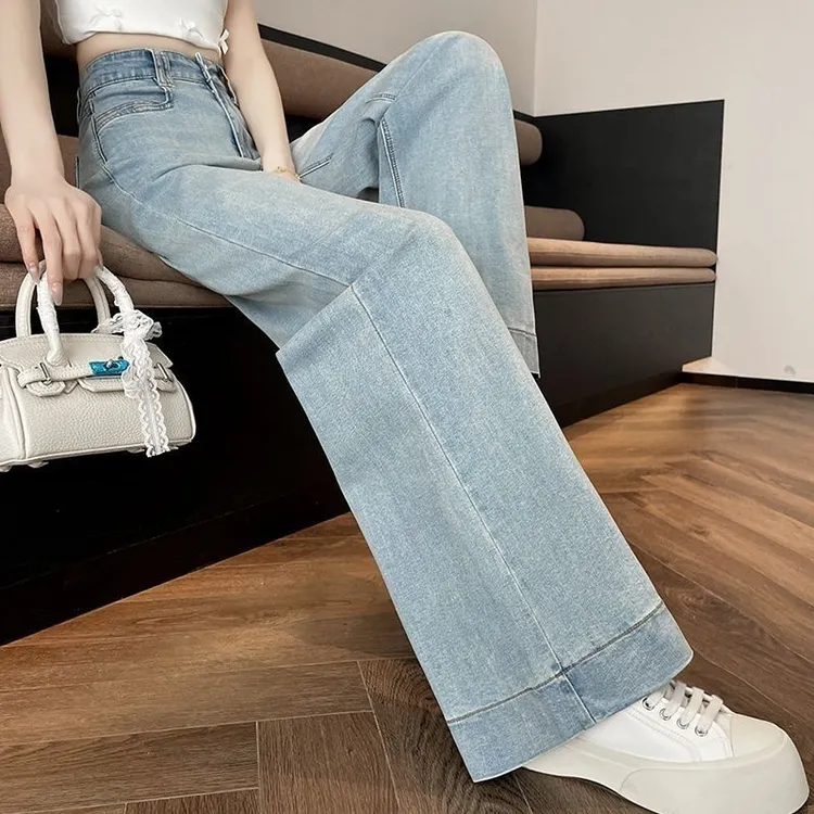 浅色直筒牛仔裤女夏季新款大码胖mm宽松显瘦垂感梨形身材阔腿裤子