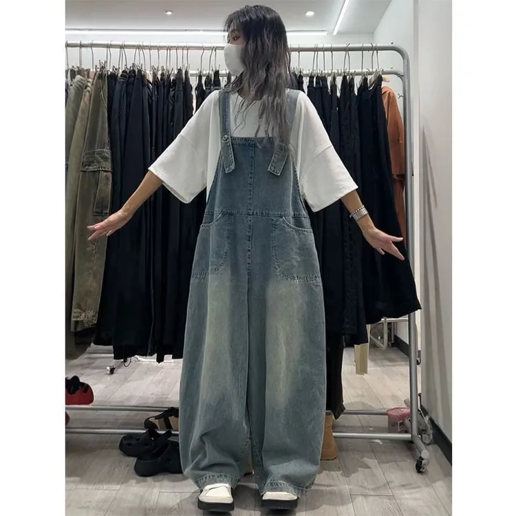 复古宽松显瘦牛仔背带裤春夏减龄可爱阔腿连体裤