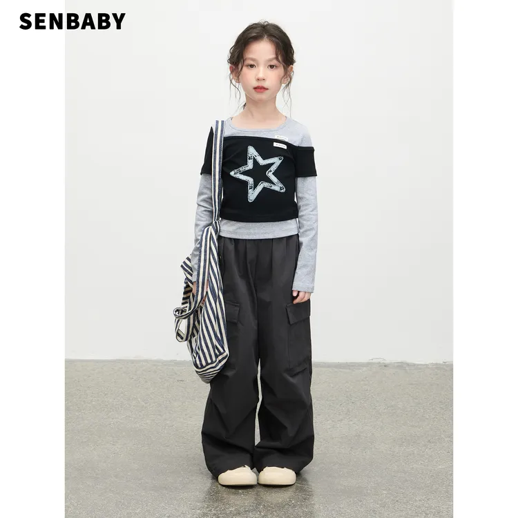 【现货亲子】senbaby女童长袖秋季新款韩版上衣潮假两件星星印花T恤