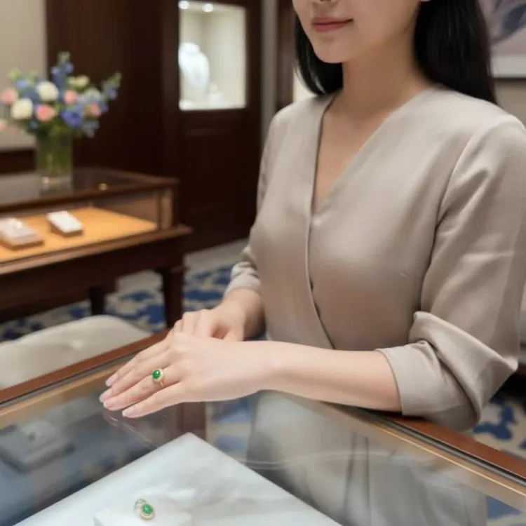 非金属合成锆石戒指 满绿蛋面镶嵌高端戒指绿色冰阳绿时尚气质