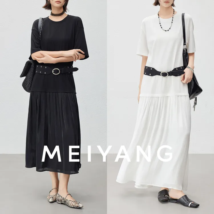 A美洋MEIYANG【商场同款】飘飘连衣裙 假两件圆领短袖中长裙-周四