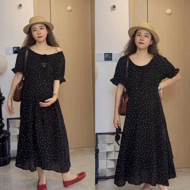 梨形身材穿的孕妇装夏季经典波点宽松多穿法中长款碎花连衣裙