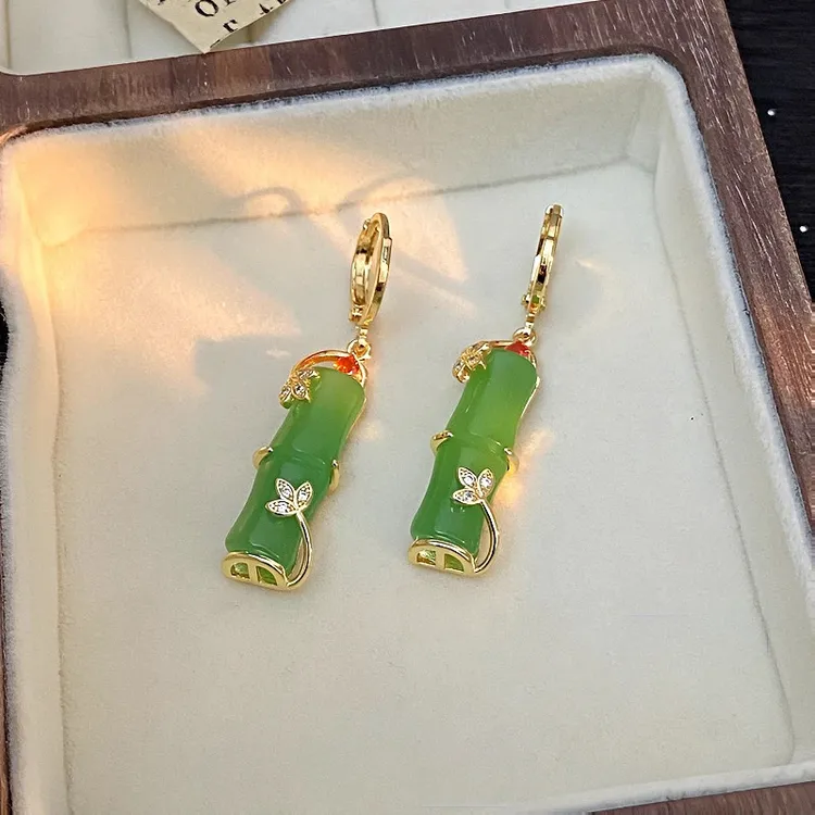 黄铜锆石耳饰 民族风瑞丽风耳环新中式白色植物花卉绿色竹子