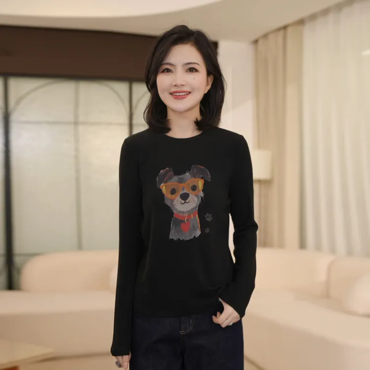 枫竺阿楠anan圆领长袖小狗印花弹力磨毛绒T恤打底衫女秋冬季上衣
