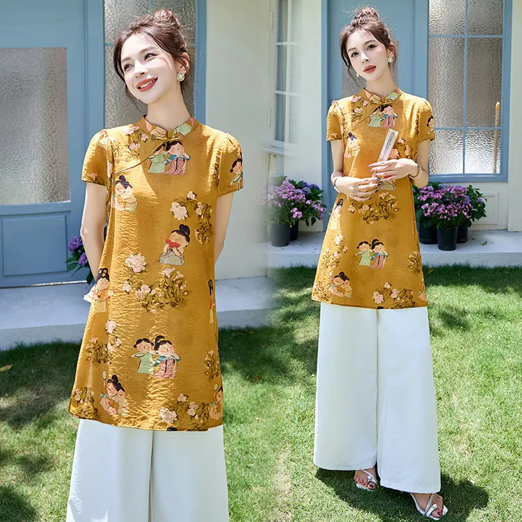 2025夏季气质高级感宽松时尚洋气显瘦中国风旗袍阔腿裤新中式套装
