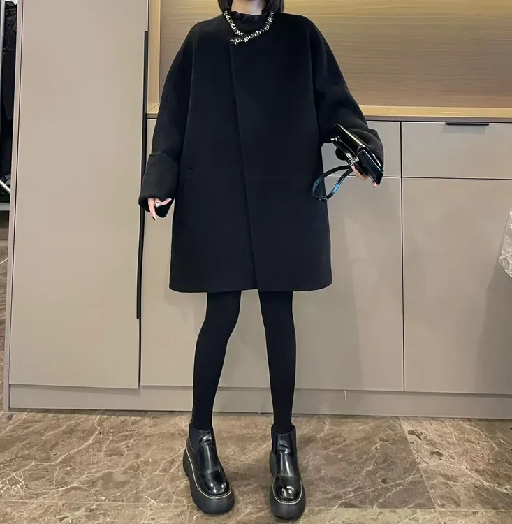 米可/MK-3010ZJ【钉珠点缀圆领双面大衣】时尚冬季新款双面大衣