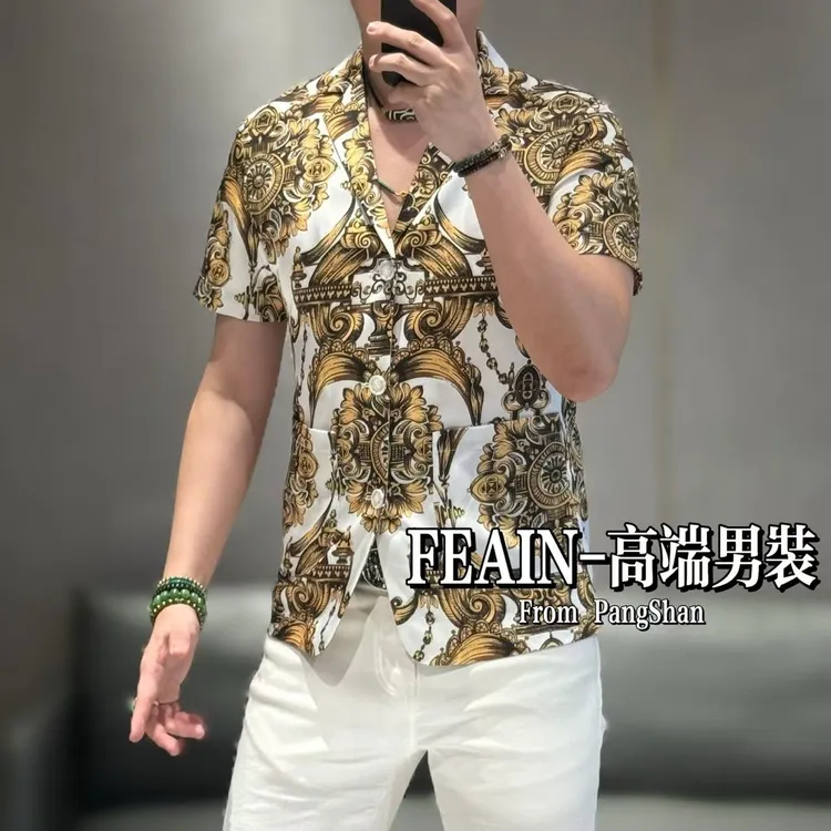 高端定制男士进口丝柔贡缎立体巴洛克风格休闲短袖小西装2406