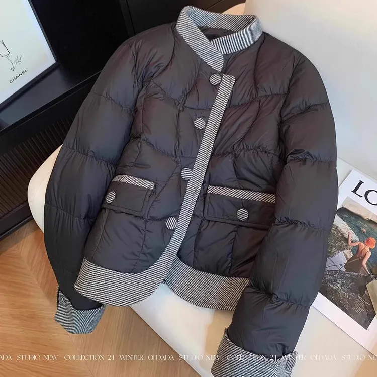 小香风撞色短款羽绒棉服女装冬季大码胖mm高级设计感好看棉衣外套