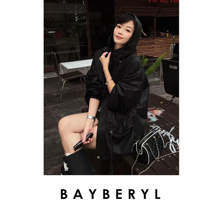 BAYBERYL老贝工装风薄皮抽绳口袋休闲时尚黑25秋皮衣PY5E2244-6/7