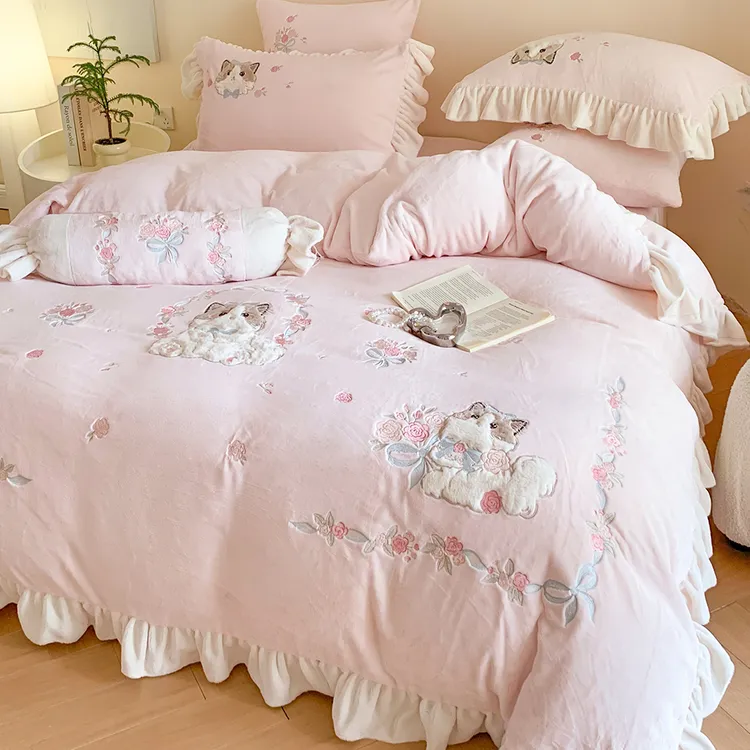 富安娜秋冬季加厚公主风保暖牛奶绒四件套可爱萌猫双面珊瑚绒被套