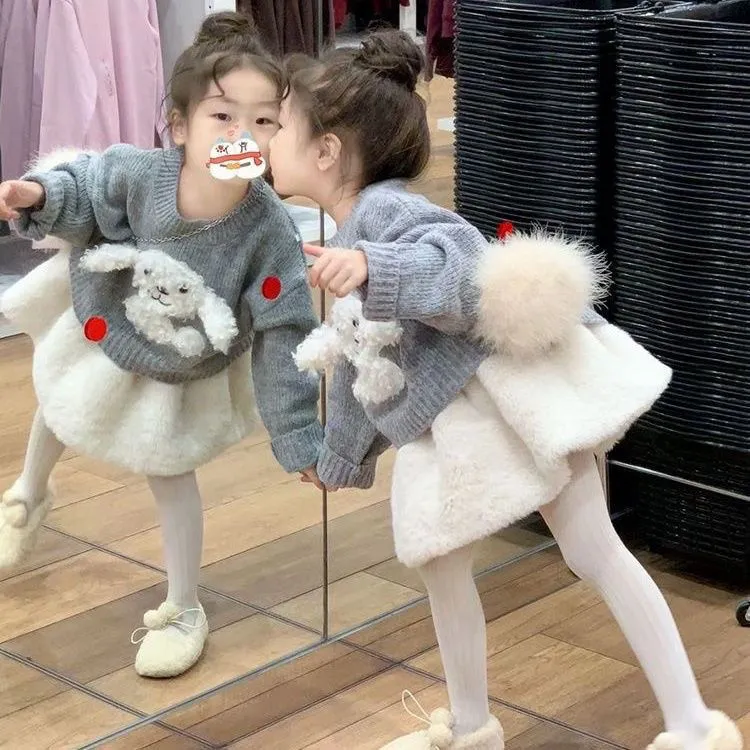女童2024新款秋冬韩版小狗毛衣可爱宝宝针织衫儿童短裙套装两件套