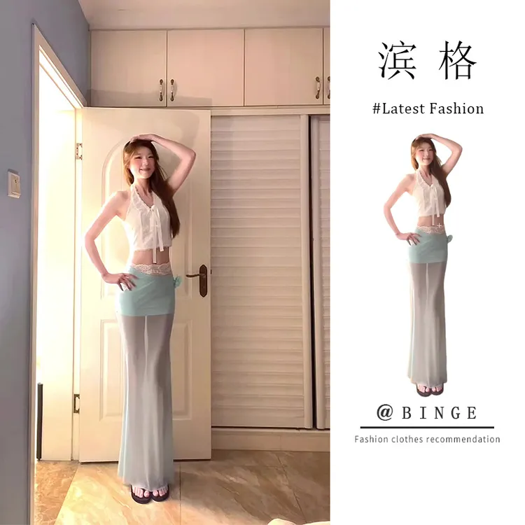 纯欲风时尚套装女夏季短款修身挂脖吊带背心网纱拼接蕾丝包臀长裙
