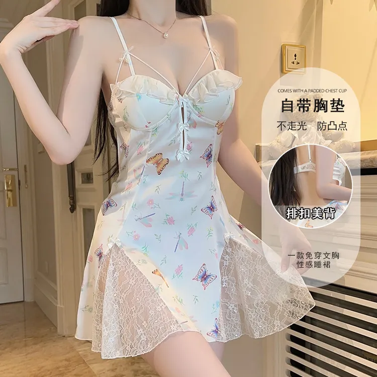 瑰若性感纯欲印花缎面睡衣深V聚拢加胸垫大码睡裙家居服套装5671