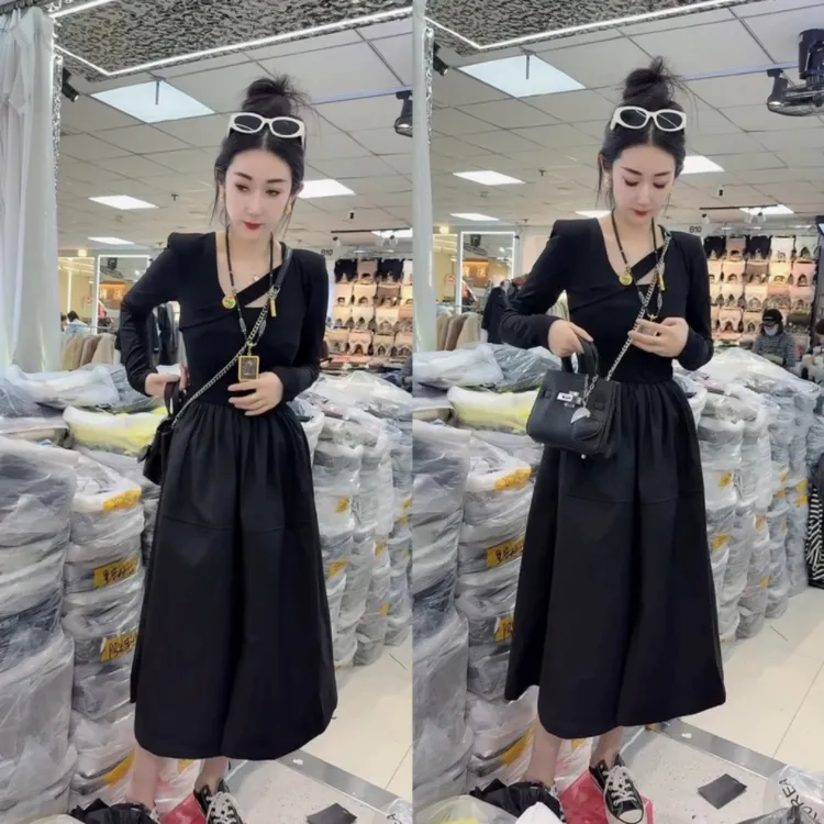 小个子黑色小香风长袖收腰显瘦春秋气质连衣裙