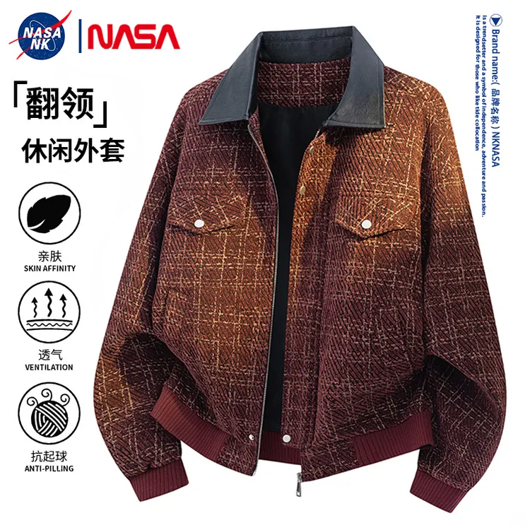 NASA联名大码格子纹夹克男士春秋季港风日系翻领冬季休闲潮流外套