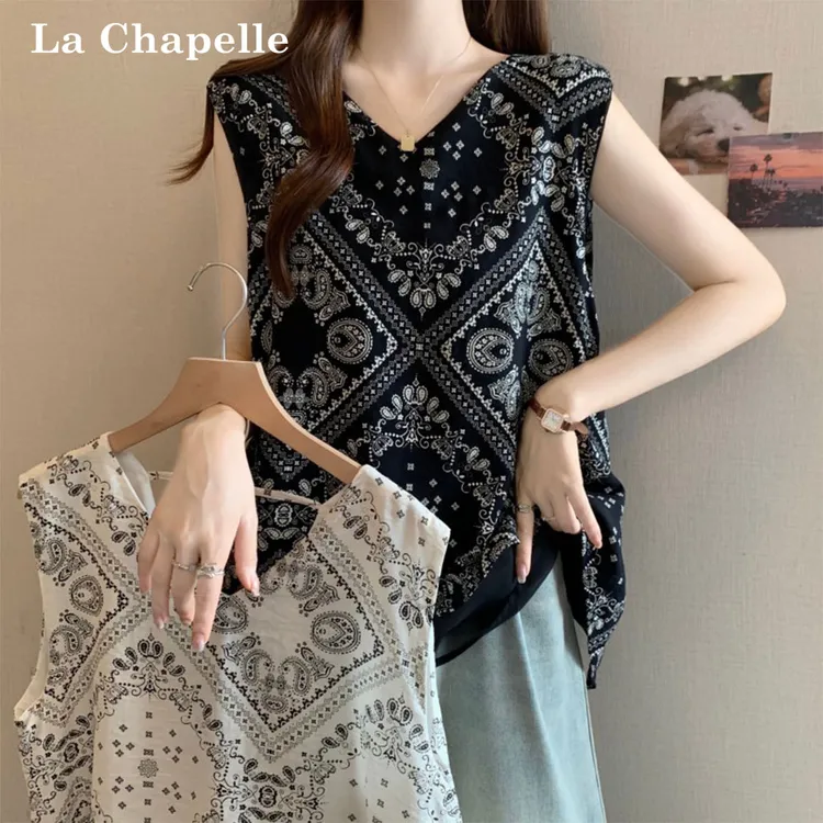 拉夏贝尔大码民族风复古碎花吊带背心女外穿夏显瘦无袖假两件上衣