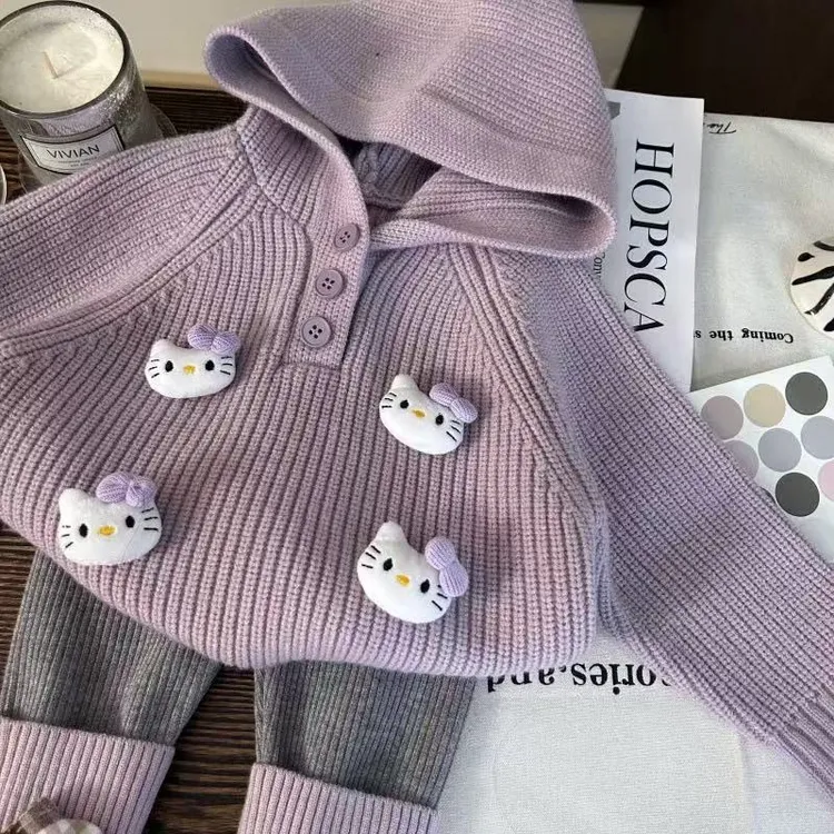 加厚单排扣连帽秋季小童女童韩版常规款套头套装休闲风厚款秋冬款