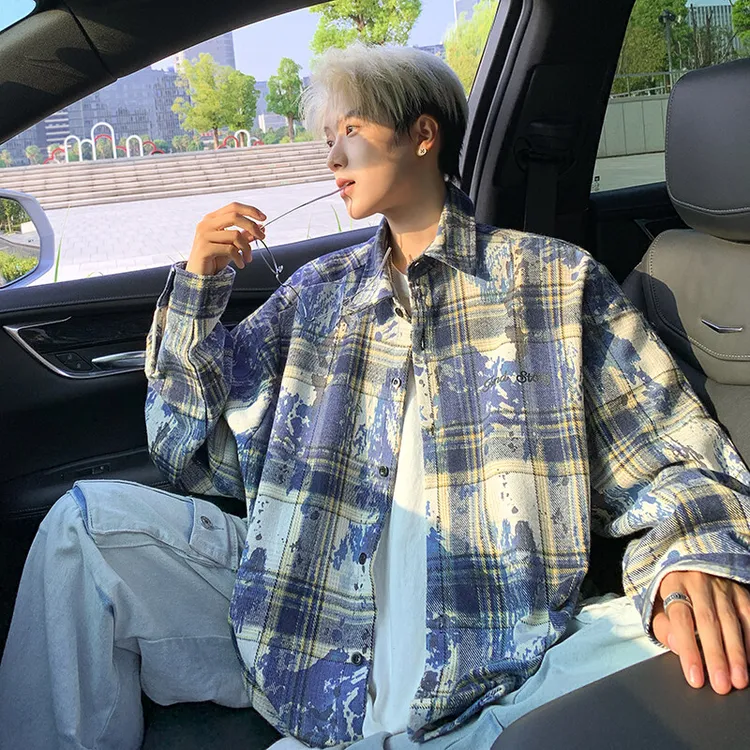 泼墨扎染格子衬衫男2025新款美式潮牌休闲时尚慵懒风长袖衬衣外套