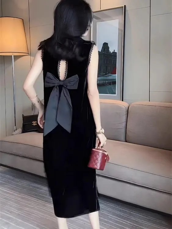 休闲时尚气质轻奢连衣裙女夏季新款露背蝴蝶结宽松显瘦开叉长裙子