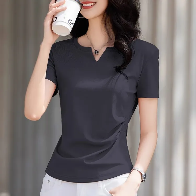 灰色V领短袖T恤女夏季2025新款抽褶收腰显瘦上衣修身别致半袖体恤