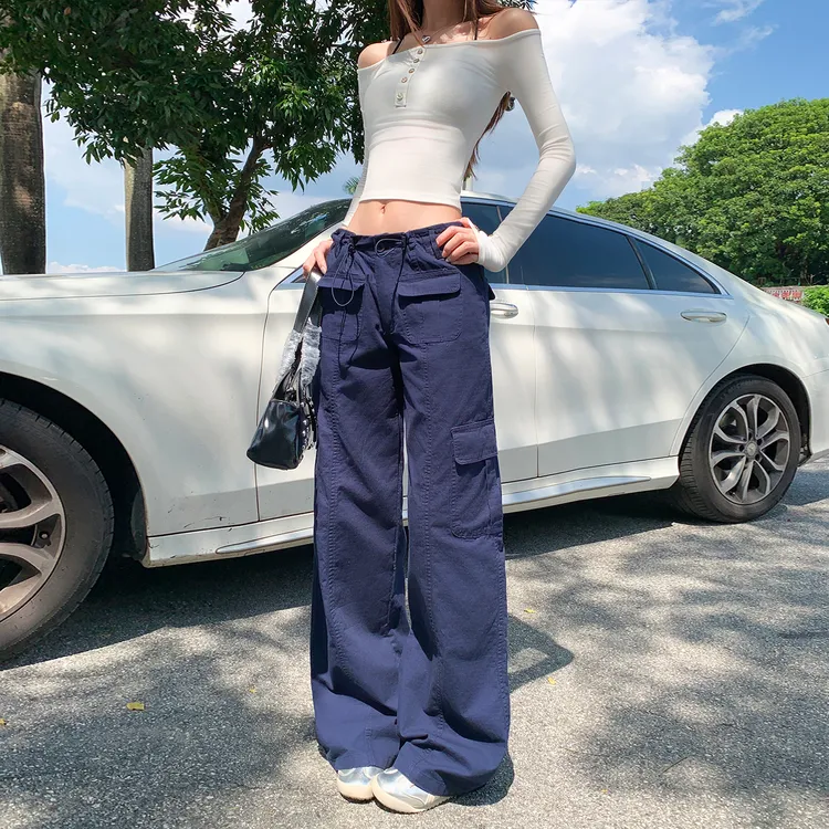 2025秋装美式复古藏青色多口袋工装裤女春季新款宽松百搭高腰直筒
