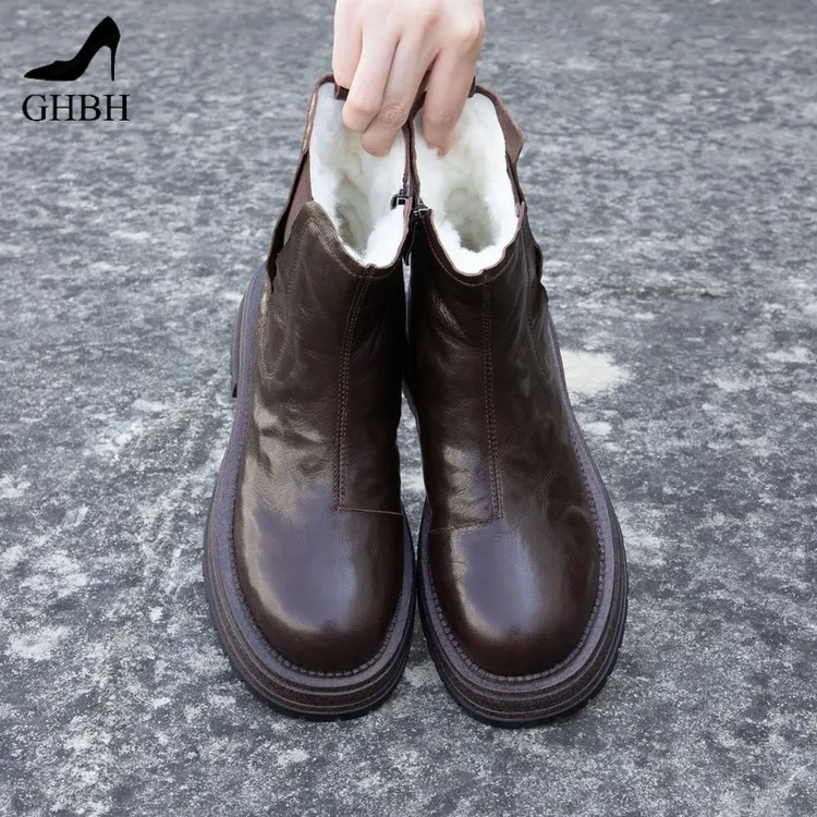 冬季新款羊皮切尔西靴加绒加厚保暖舒适羊毛短靴复古手抓纹棉靴子