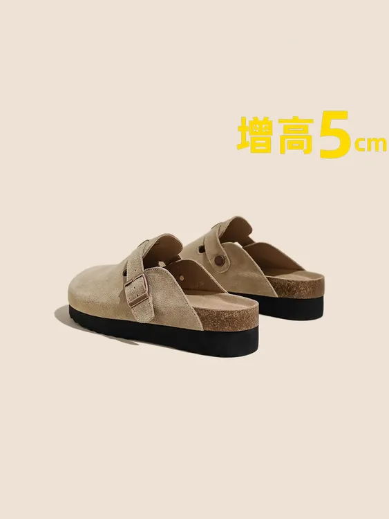 三福真皮厚底勃肯鞋女2025夏季新款包头半拖鞋外穿拖鞋软木博肯鞋