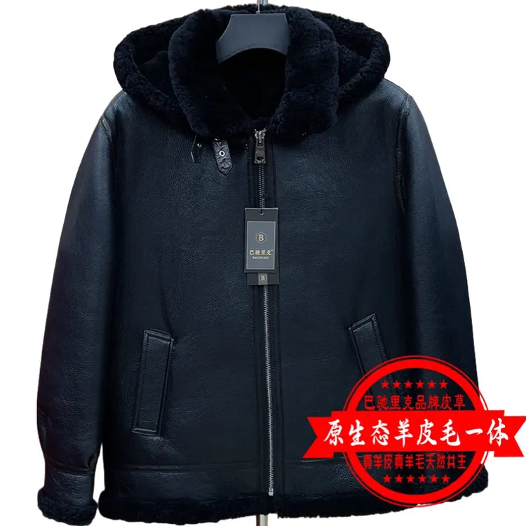 巴驰里克B2原生态羊皮毛一体连帽航空服机车男士冬季保暖皮草外套