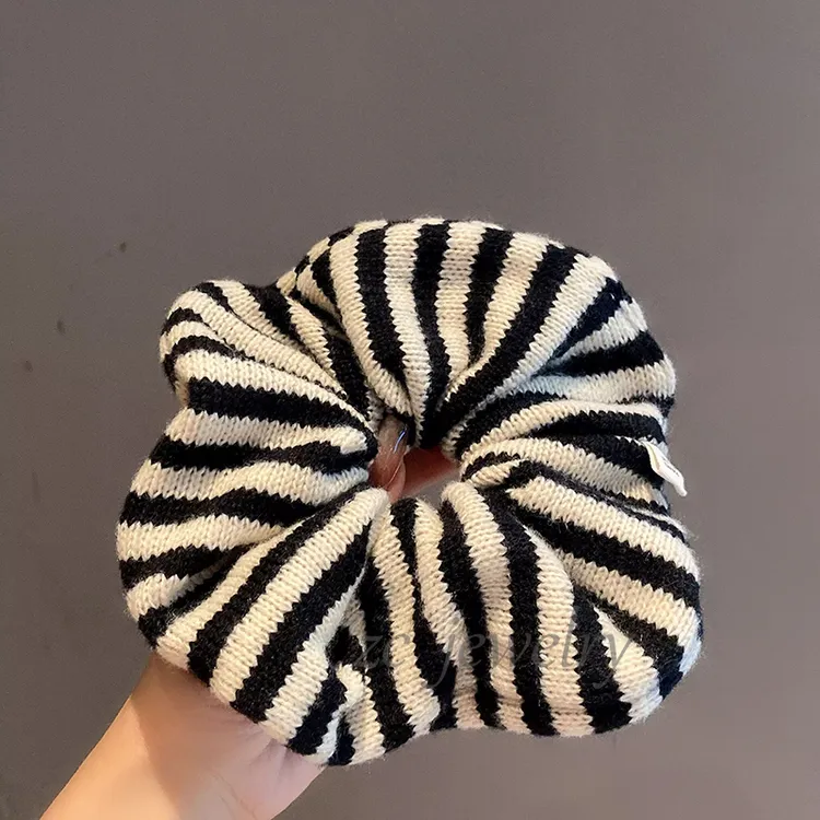 韩版东大门新款毛线斑马纹气质大肠圈女高级感软糯小众扎头绳发饰