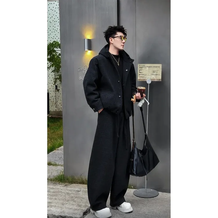 秋冬新品小众高级感羊毛格子棉服夹克套装男复古宽松百搭外套长裤