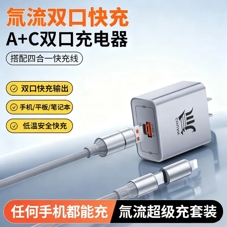 适用华为小米荣耀安卓手机氚流双口充电头四合一数据线套装