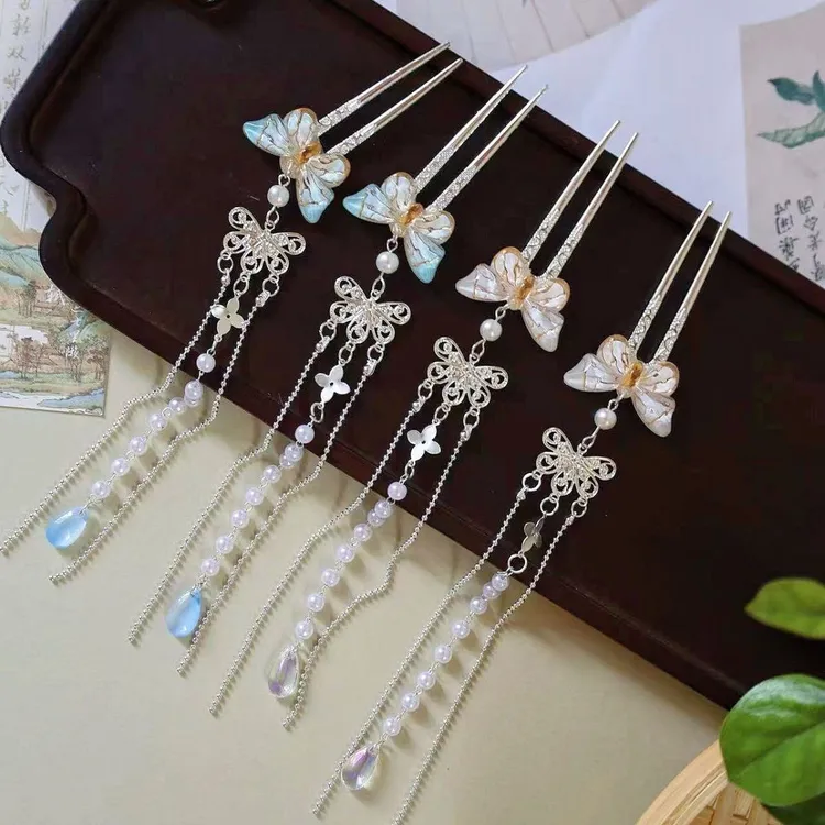 春日点缀氛围蝴蝶发钗u钗长流苏掩鬓汉服配饰古风簪子明制发饰品