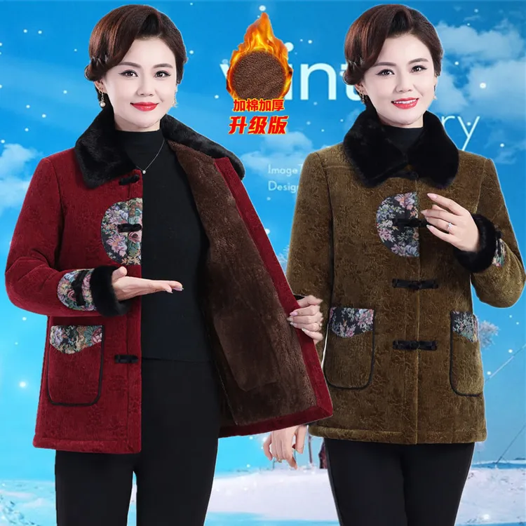 妈妈秋冬装加绒加厚棉衣外套中老年奶奶装国风棉袄唐装保暖棉服女